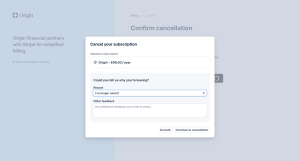Cancel subscription | Origin Financial Billing screen