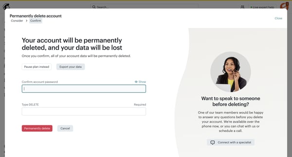 Account Close | Mailchimp screen