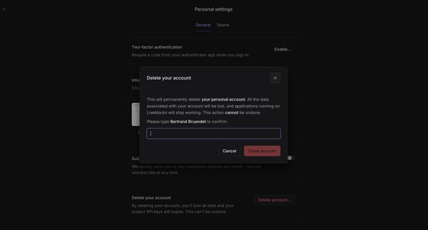 Personal settings | Liveblocks screen