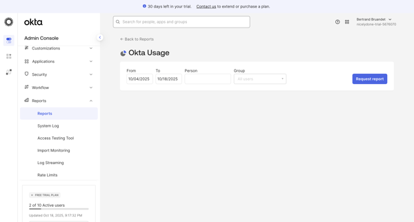 nicelydone-trial-5676070 - Reports - Okta Sign-in Activity screen