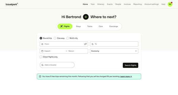 Book your next business trip — TravelPerk screen