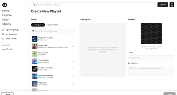 Create New Playlist | Sound.xyz screen