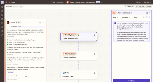 Create Trello Cards from Task Messages | Zapier screen