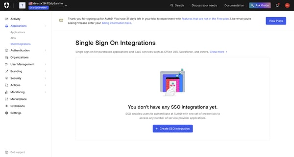 Single Sign On Integrations screen