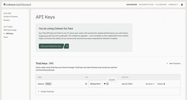 API Keys | Cohere screen