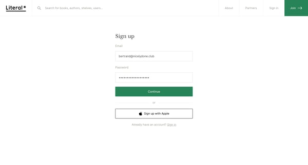 Sign up | Literal screen