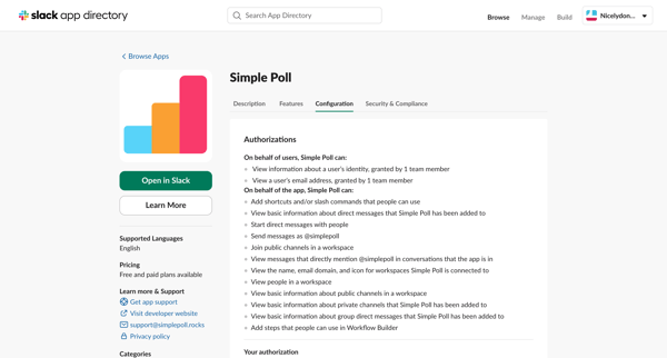 Simple Poll | Slack App Directory screen