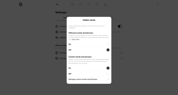 Settings • Threads screen