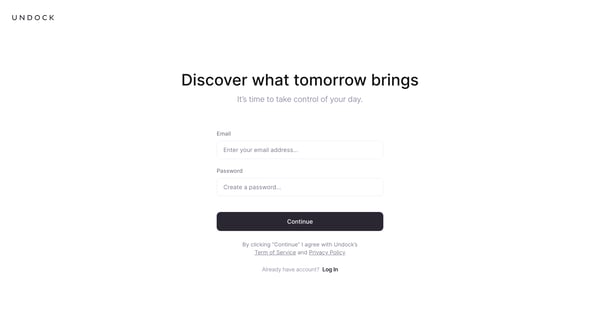 Sign Up | Undock screen