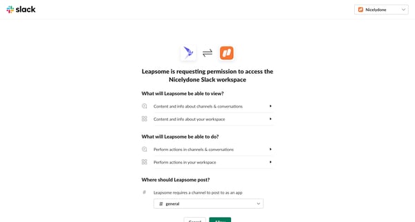 Leapsome is requesting permission to access the Nicelydone Slack from Leapsome