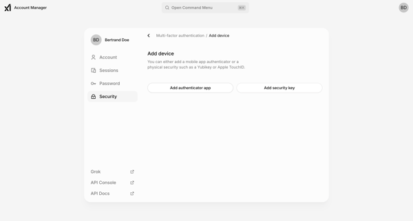 Add device | xAI Single-Sign On screen