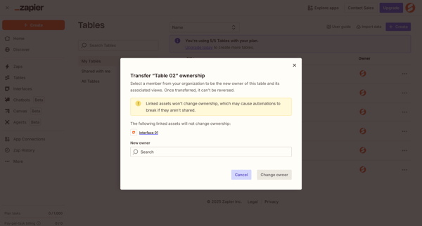 Zapier Tables screen