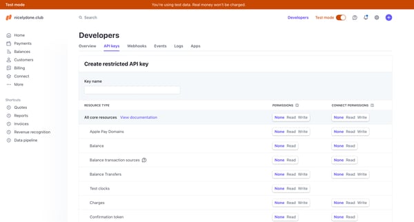 Developers – nicelydone.club – Stripe [Test] screen