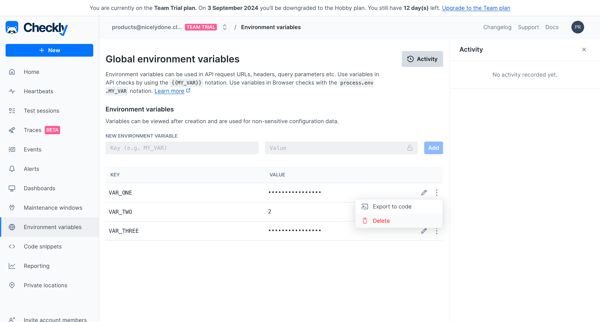 Environment variables screen