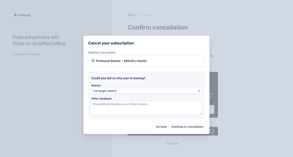 Cancel subscription | Profound Billing screen