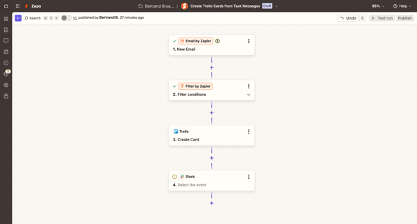Create Trello Cards from Task Messages | Zapier screen