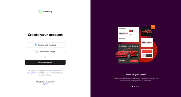 Create account - Creatopy screen