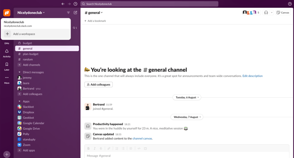 general Channel - Nicelydoneclub - Slack screen