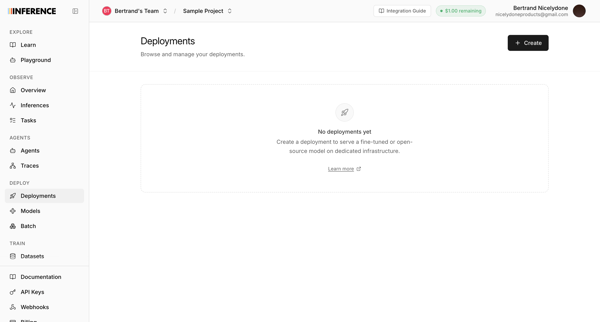 Dashboard | inference.net screen
