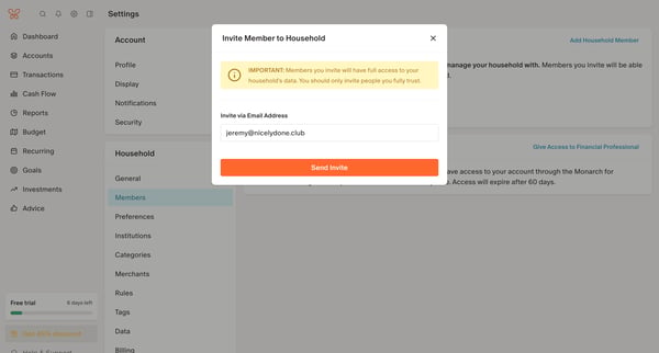 Member Settings screen