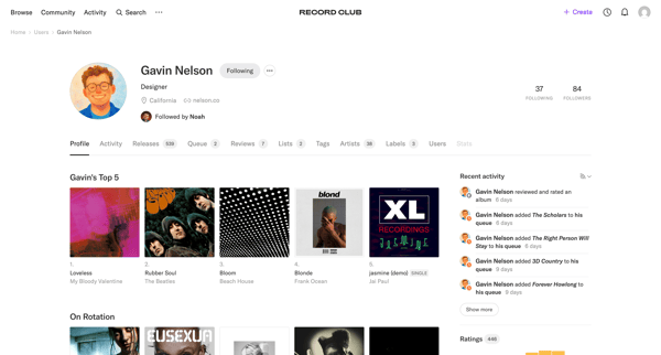 Gavin Nelson's profile – Record Club screen