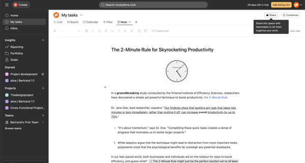 My tasks - Asana screen