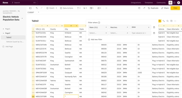 Electric Vehicle Population Data screen