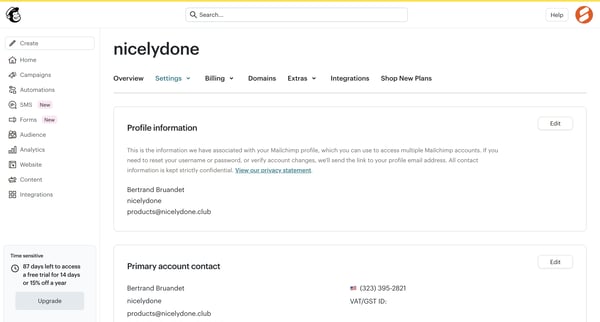 Contact Information | Mailchimp screen