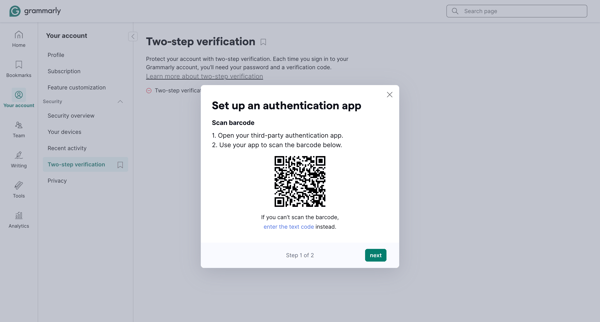 Account | Grammarly screen