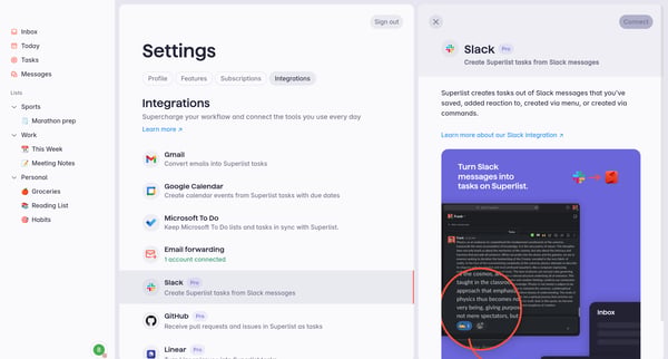 Superlist | Integrations screen