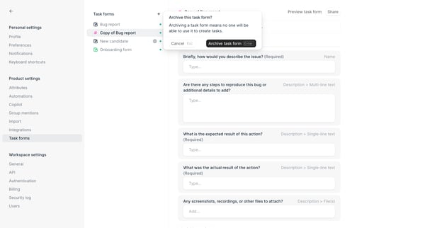 Task forms - Settings - Height screen