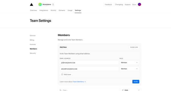 Members - Team Settings – Dashboard – Vercel screen