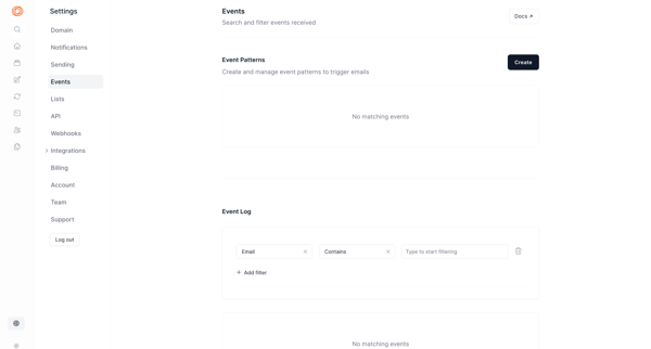 Settings | Events screen