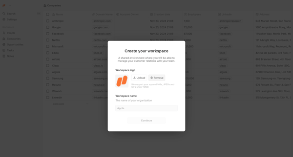 Create Workspace screen