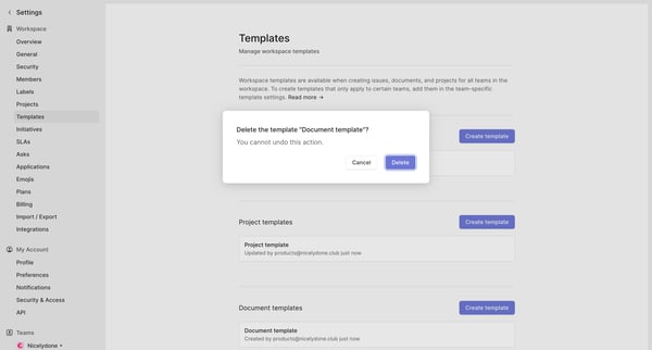Templates screen