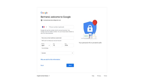 Create your Google Account screen