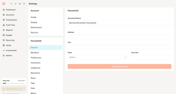 Household Settings screen