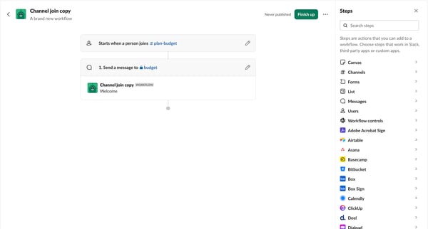 Channel join copy | Workflow Builder Nicelydoneclub - Slack screen