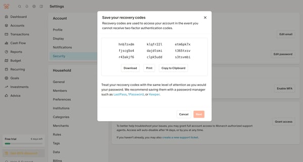 Security Settings screen