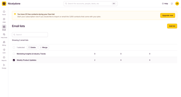 View All Email Lists screen