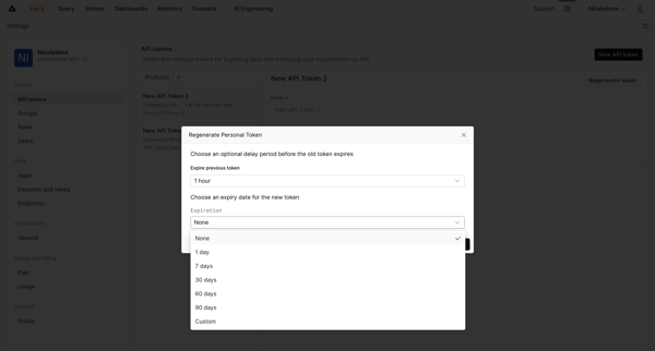 API Tokens - Settings - Axiom screen