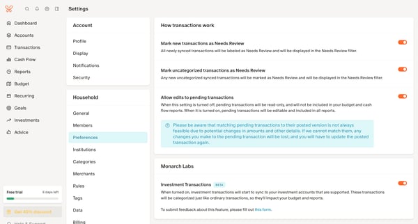 Monarch | Settings from Monarch
