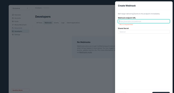 Webhooks screen