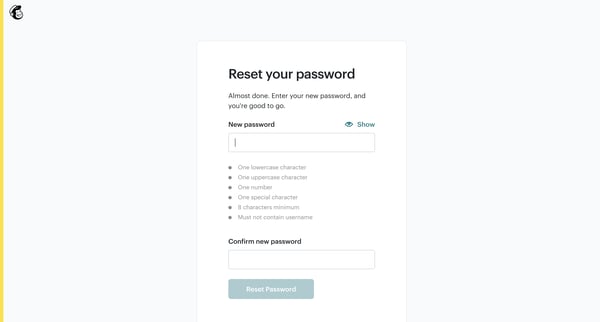 Password Reset | Mailchimp screen