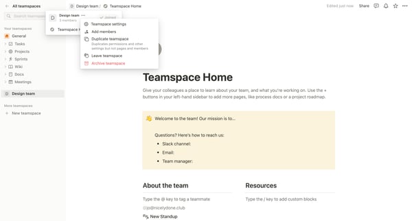 Teamspace Home screen