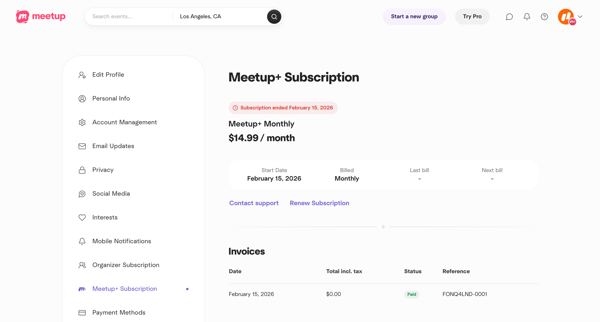 Meetup+ Subscription screen