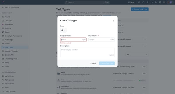Task Types | Workspace 01 screen