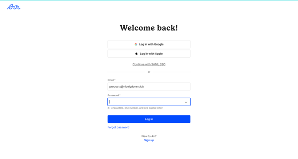 Log in / Air screen