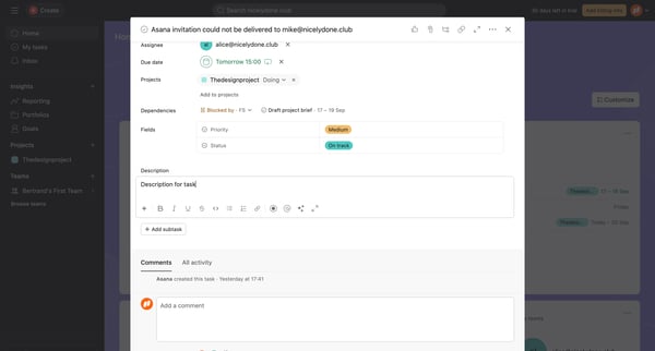 Home - Asana invitation could not be delivered to mike@nicelydone screen