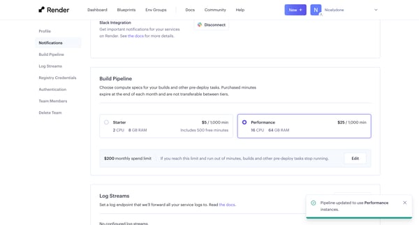 Team Settings ・ Render Dashboard from Render